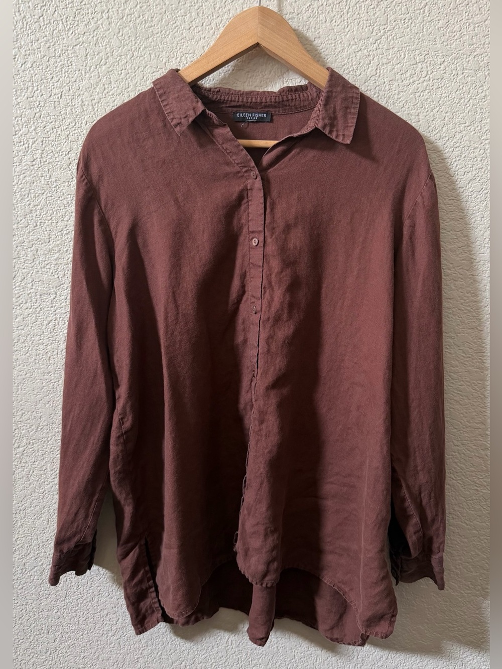 Eileen Fisher PETITE Medium Chocolate Brown Linen Blend Button Tunic Blouse